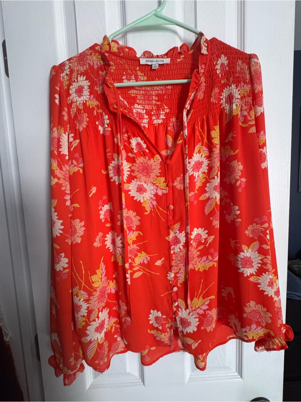Rose & Olive Bright Red Floral Button-Front Peasant Blouse